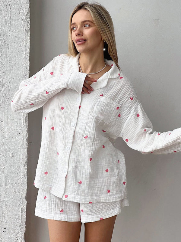 Pajamas Outfits- Love-themed Cotton Textured Heart Print Pajamas - Shirt & Elastic Shorts- White- Pekosa Women Clothing