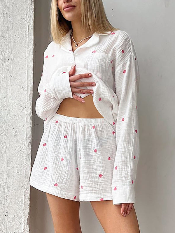 Pajamas Outfits- Love-themed Cotton Textured Heart Print Pajamas - Shirt & Elastic Shorts- - Pekosa Women Clothing