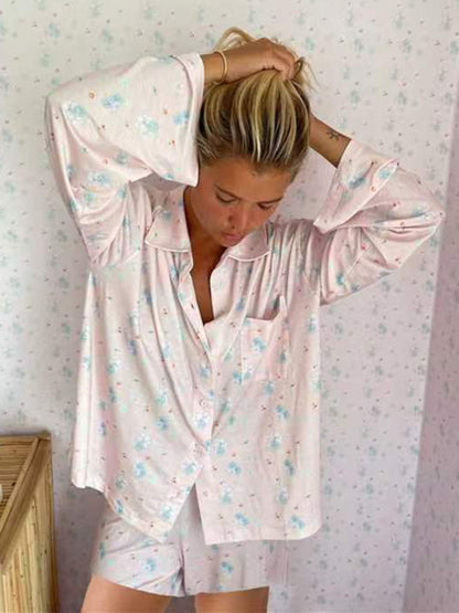 Pajamas- Oversized Floral Pajamas - Long Sleeve Shirt & Shorts 🌼- - Pekosa Women Clothing