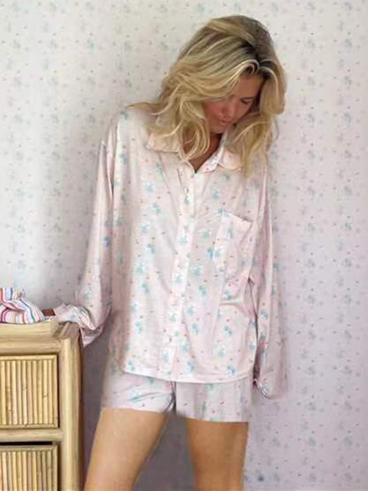 Pajamas- Oversized Floral Pajamas - Long Sleeve Shirt & Shorts 🌼- Pink- Pekosa Women Clothing