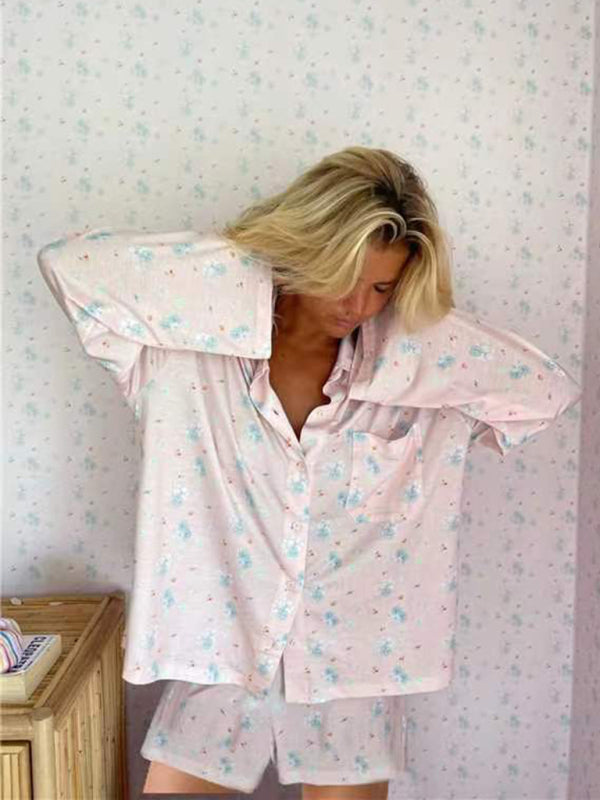 Pajamas- Oversized Floral Pajamas - Long Sleeve Shirt & Shorts 🌼- - Pekosa Women Clothing