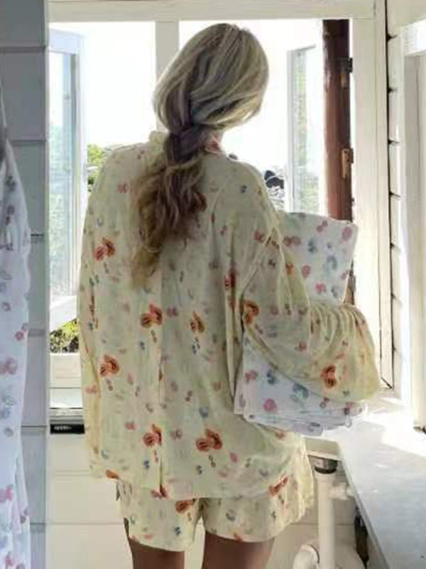 Pajamas- Oversized Floral Pajamas - Long Sleeve Shirt & Shorts 🌼- - Pekosa Women Clothing