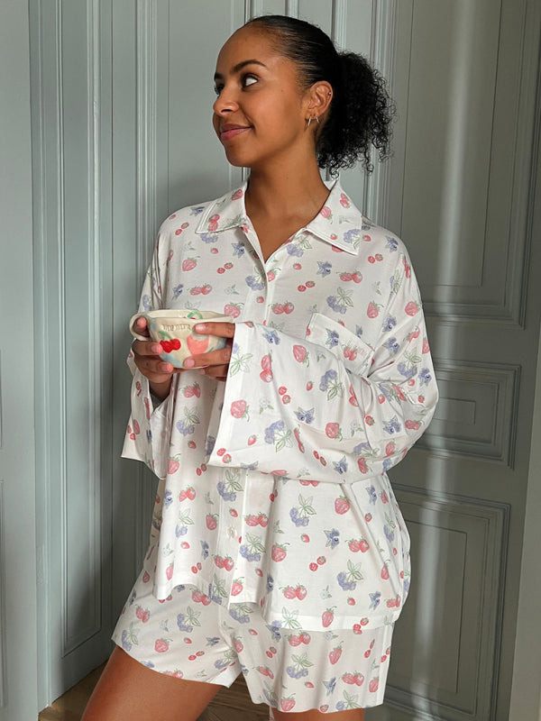 Pajamas- Oversized Floral Pajamas - Long Sleeve Shirt & Shorts 🌼- White- Pekosa Women Clothing