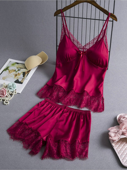 Pajamas- Satin 2-Piece Sleepwear Set - Silk Cami Top and Lace Shorts- - Pekosa Women Clothing