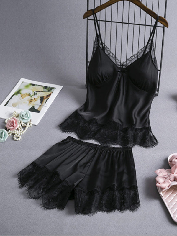 Pajamas- Satin 2-Piece Sleepwear Set - Silk Cami Top and Lace Shorts- Black- Pekosa Women Clothing