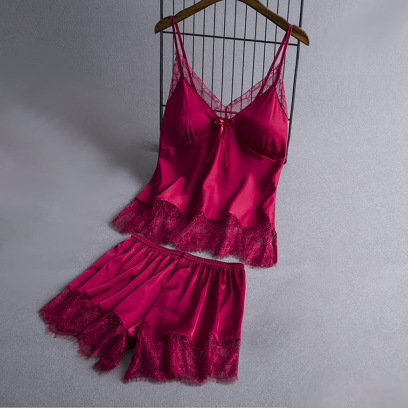 Pajamas- Satin 2-Piece Sleepwear Set - Silk Cami Top and Lace Shorts- Wine Red- Pekosa Women Clothing