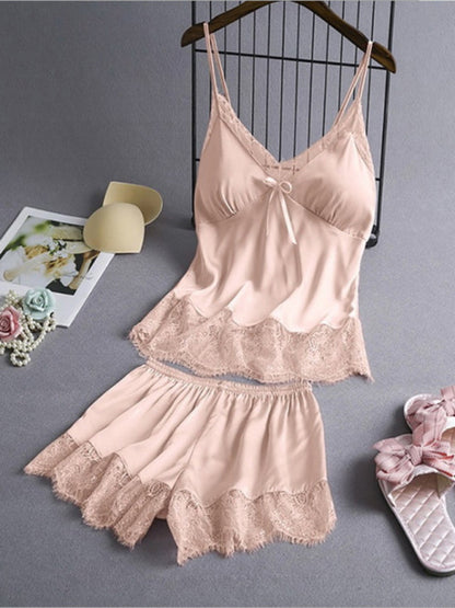 Pajamas- Satin 2-Piece Sleepwear Set - Silk Cami Top and Lace Shorts- Pink- Pekosa Women Clothing