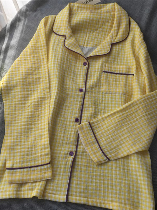 Pajamas Set- Checkered Dreams: Plaid Pajama Set - Gingham Pants and Shirt- Yellow- Pekosa Women Clothing