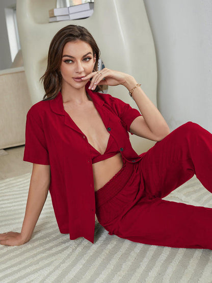 Pajamas- Slumber 3-Piece Solid Sleepwear with Shirt & Bra and Pants- - Pekosa Women Clothing