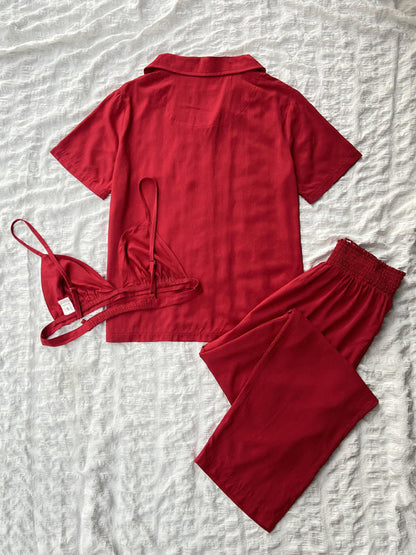 Pajamas- Slumber 3-Piece Solid Sleepwear with Shirt & Bra and Pants- - Pekosa Women Clothing