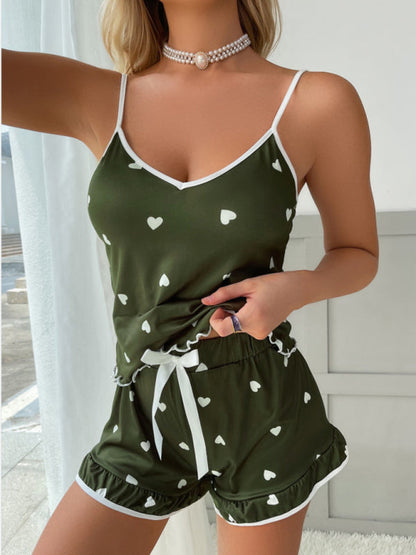 Pajamas- Slumber Love Print Pajama Cami Top and Shorts for Summer Nights- Green- Pekosa Women Clothing