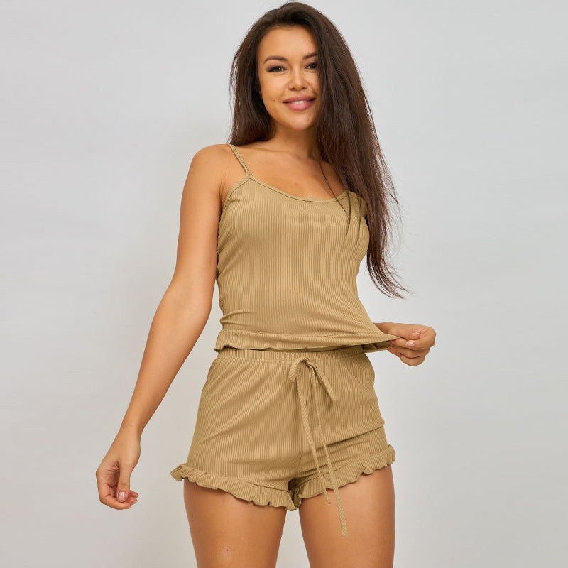 Pajamas- Summer 2-Piece Cami Top + Pajama Shorts Lounge Set- Khaki- Pekosa Women Clothing