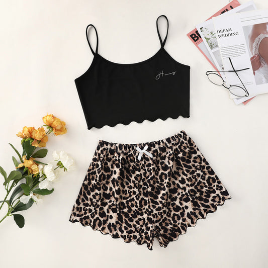 Pajamas- Summer Animal Print Sleepwear - Cami Top + Shorts Set- Black- Pekosa Women Clothing