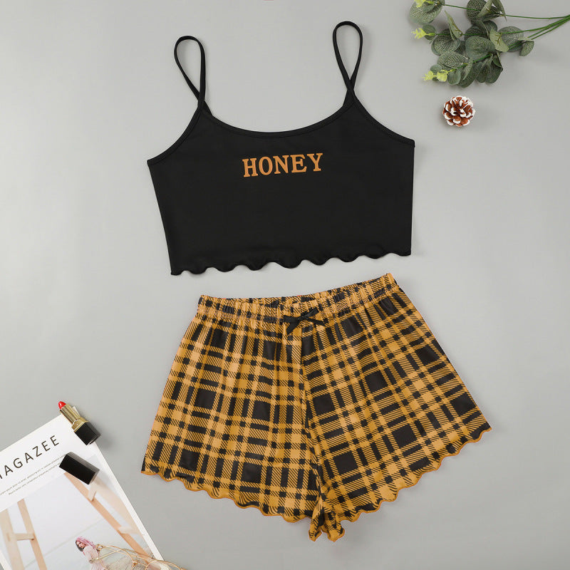 Pajamas- Summer Tartan Plaid Sleepwear Cami Top + Shorts- Yellow- Pekosa Women Clothing