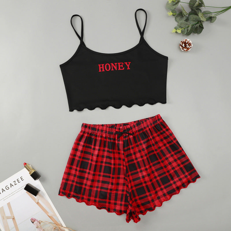 Pajamas- Summer Tartan Plaid Sleepwear Cami Top + Shorts- Red- Pekosa Women Clothing