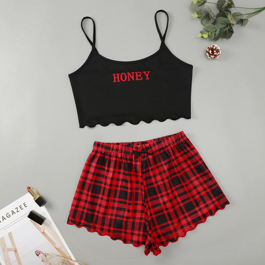 Pajamas- Summer Tartan Plaid Sleepwear Cami Top + Shorts- Red- Pekosa Women Clothing