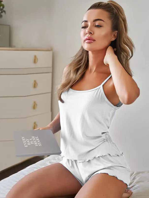 Pajamas- Textured Summer Loungewear - Cami and Shorts Pajama- White- Pekosa Women Clothing