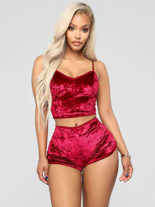 Pajamas- Velvet 2-Piece Sleepwear Set with Cami Top and Shorts Jammies- Wine Red- Pekosa Women Clothing