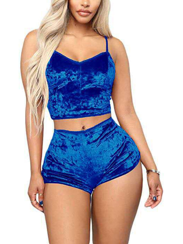 Pajamas- Velvet 2-Piece Sleepwear Set with Cami Top and Shorts Jammies- Blue- Pekosa Women Clothing