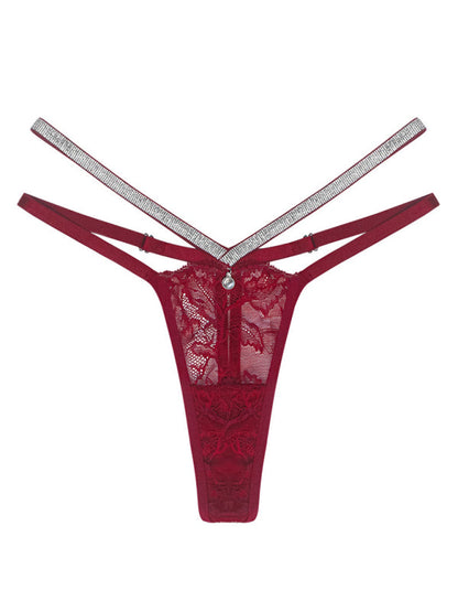 Panties- Lace Sparkle T-String Lingerie for Women- Wine Red- Pekosa Women Clothing