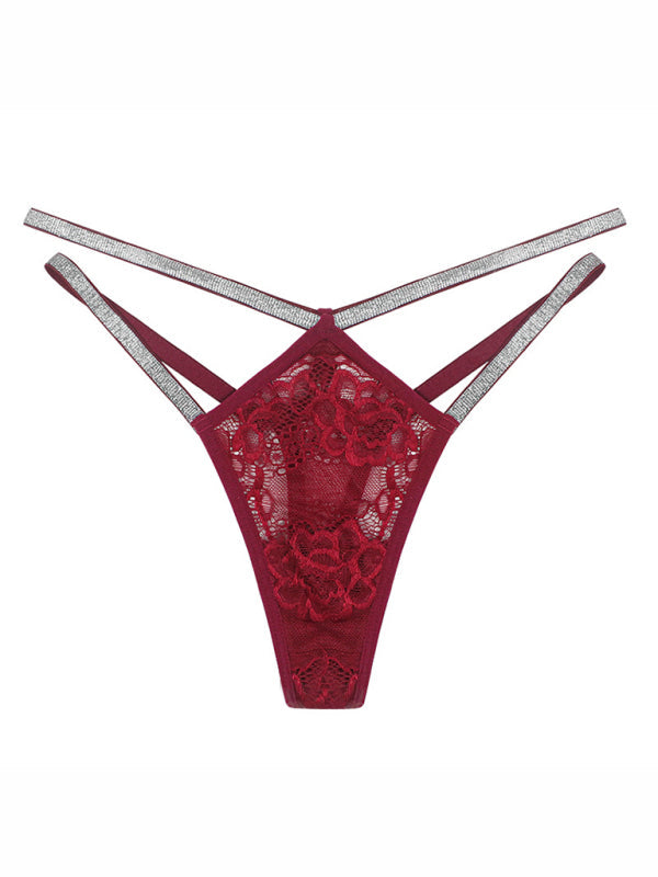 Panties- Sparkle T-String Lace Panty Underwear Lingerie- Wine Red- Pekosa Women Clothing