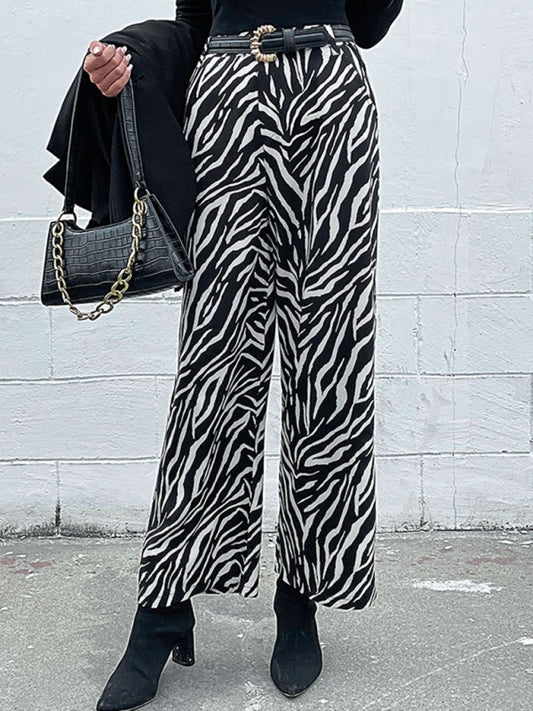 Pants- Elegant Zebra Print Wide-Leg Pants- Black- Pekosa Women Clothing