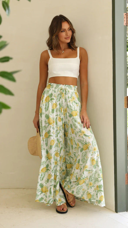 Pants- Floral Summer Tie-Waist Palazzo - Wide-Leg Pants- GreenYellow- Pekosa Women Clothing