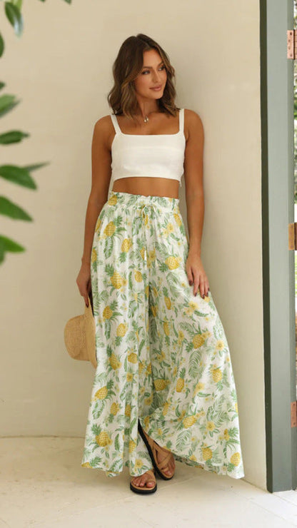 Pants- Floral Summer Tie-Waist Palazzo - Wide-Leg Pants- GreenYellow- Pekosa Women Clothing