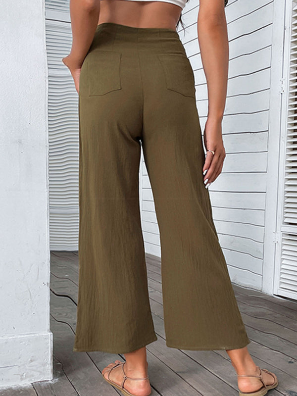 Pants- High Rise Solid Culotte Pants in a Cotton Blend with Buttons- - Pekosa Women Clothing