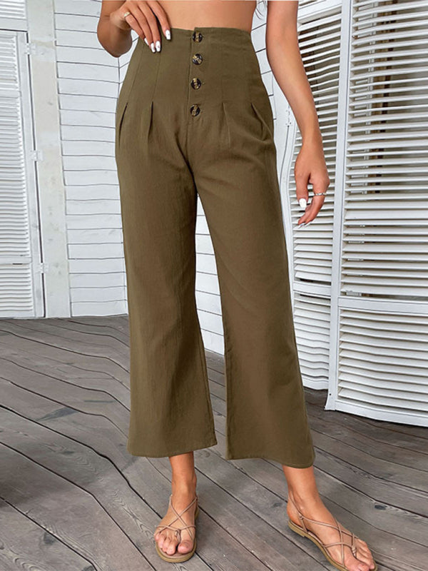 Pants- High Rise Solid Culotte Pants in a Cotton Blend with Buttons- - Pekosa Women Clothing