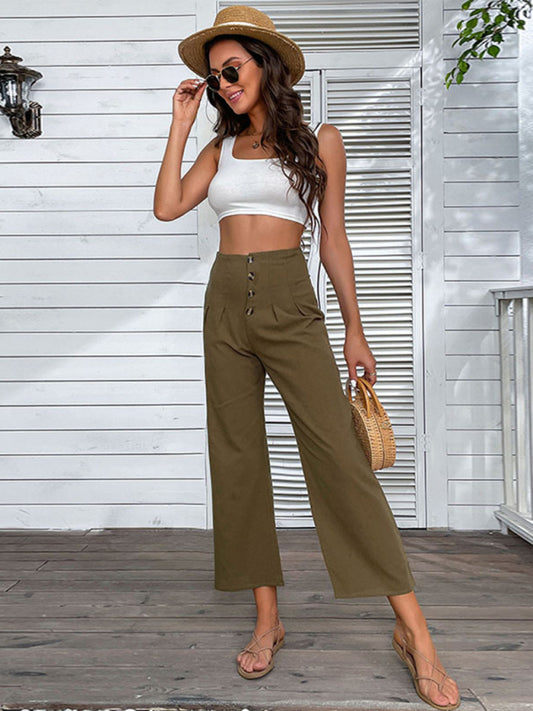 Pants- High Rise Solid Culotte Pants in a Cotton Blend with Buttons- Brown- Pekosa Women Clothing