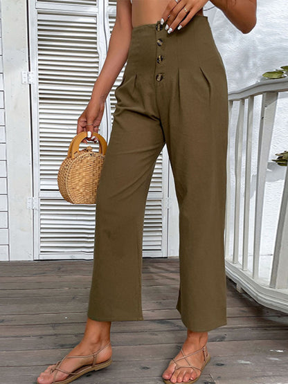 Pants- High Rise Solid Culotte Pants in a Cotton Blend with Buttons- - Pekosa Women Clothing