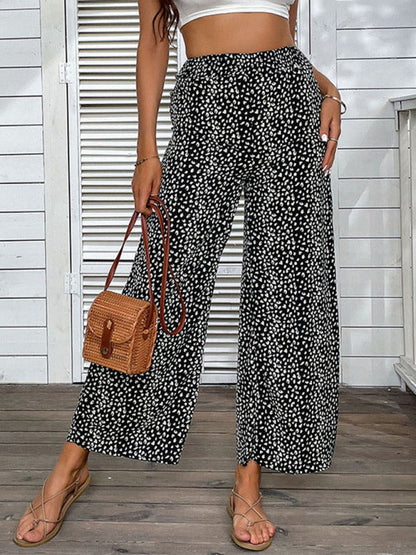 Pants- Leopard Print Trousers for Women - Wide Leg Pants- Black- Pekosa Women Clothing