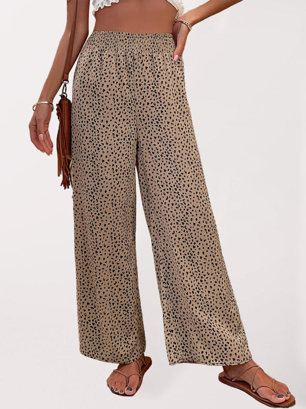 Pants- Leopard Print Trousers for Women - Wide Leg Pants- Khaki Beige- Pekosa Women Clothing