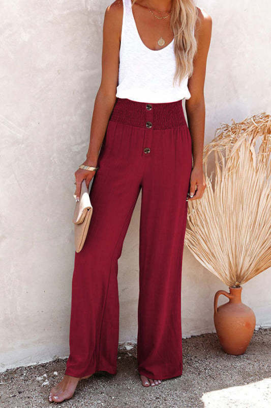 Pants- Pure Cotton and Linen Loose Wide-Leg Women's Trousers- Wine Red- Pekosa Women Clothing