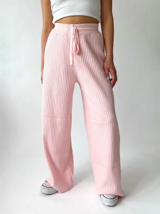 Pants- Relax Fit Ribbed Straight-Leg Pants- Pink- Pekosa Women Clothing