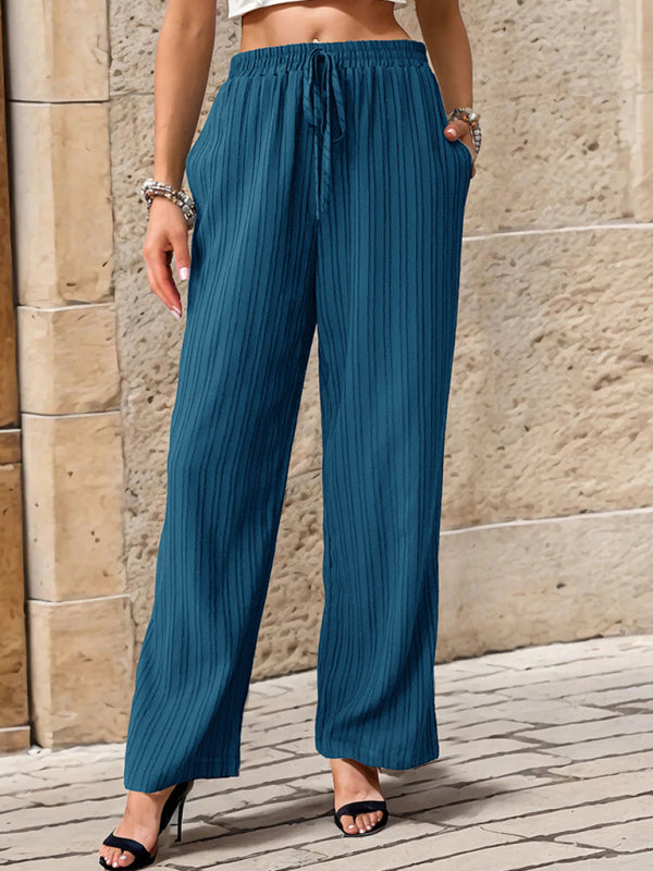 Pants- Ribbed Trousers - Women's Straight-Leg Pants with Handy Pockets- - Pekosa Women Fashion