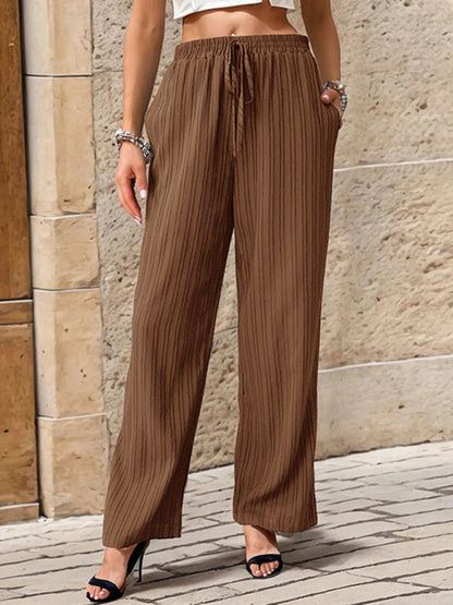 Pants- Ribbed Trousers - Women's Straight-Leg Pants with Handy Pockets- Coffee- Pekosa Women Fashion