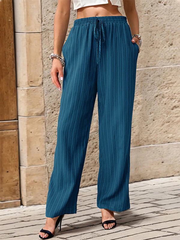 Pants- Ribbed Trousers - Women's Straight-Leg Pants with Handy Pockets- Blue- Pekosa Women Fashion