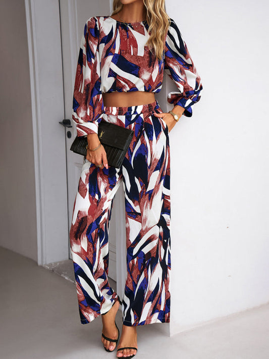 Pants Set- Abstract Print Set Straight Pants & Crop Long Sleeve Blouse- Brown- Pekosa Women Clothing