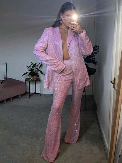 Pants Set- Festive Sparkle 3-Piece Set - Blazer, High-Waisted Pants, Triangle Top- Pink- Pekosa Women Clothing