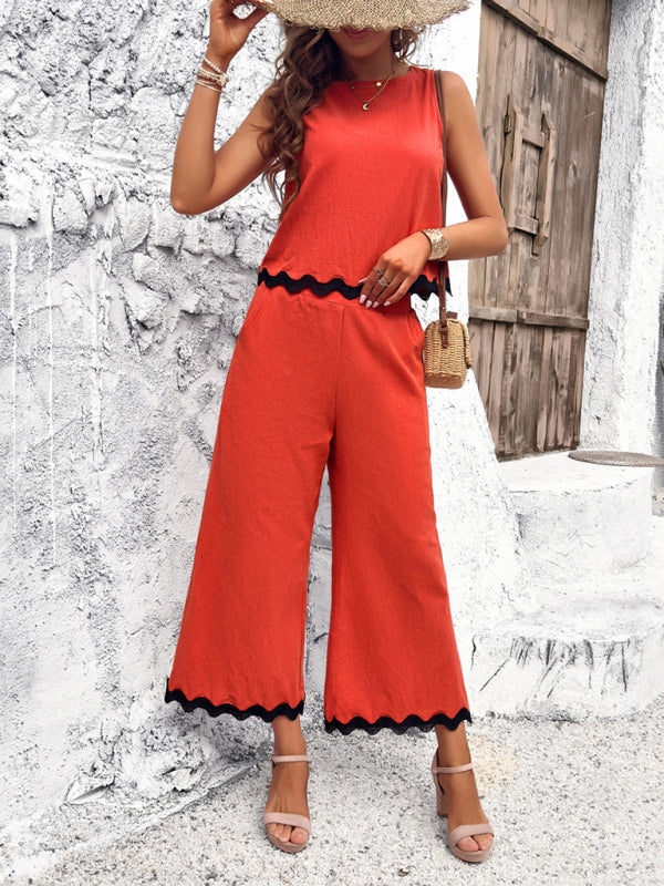 Pants Set- Women's Matching Ric-Rac Vacation Set - Sleeveless Top & Culotte Pants- Orange- Pekosa Women Fashion