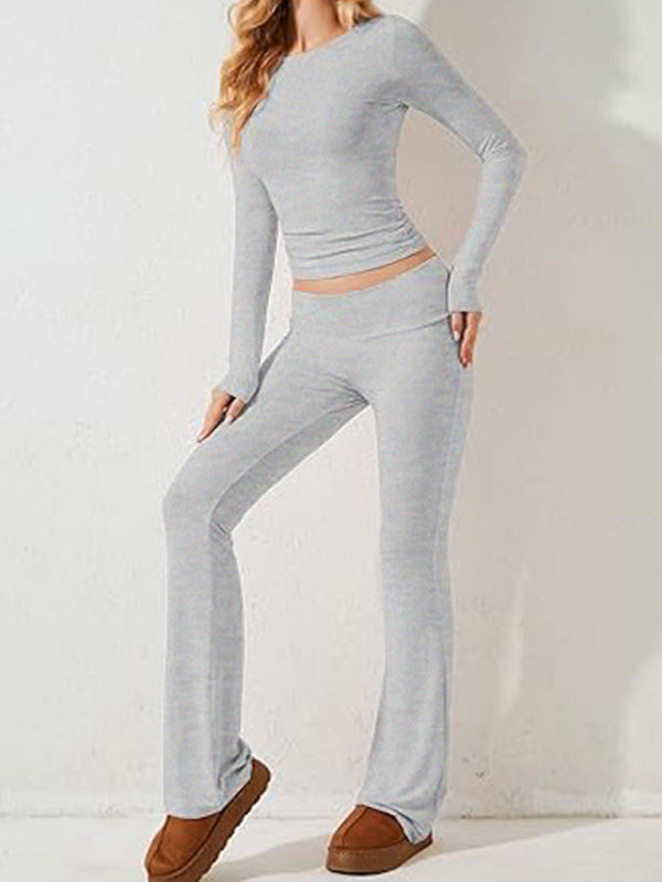 Pants Set- Women's Sporty Solid Set - Long Sleeve Tee & Wide-Waist Pants- - Pekosa Women Fashion