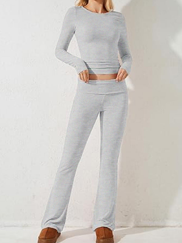 Pants Set- Women's Sporty Solid Set - Long Sleeve Tee & Wide-Waist Pants- - Pekosa Women Fashion