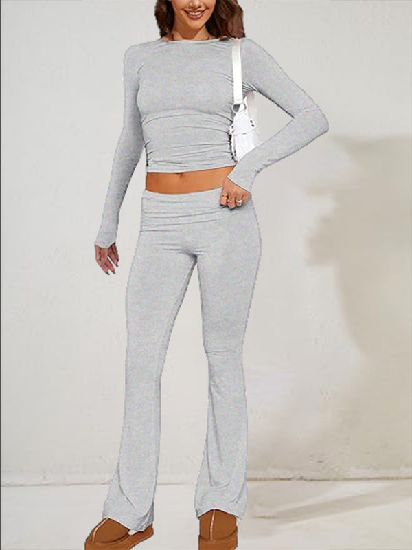 Pants Set- Women's Sporty Solid Set - Long Sleeve Tee & Wide-Waist Pants- - Pekosa Women Fashion