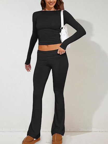 Pants Set- Women's Sporty Solid Set - Long Sleeve Tee & Wide-Waist Pants- - Pekosa Women Fashion