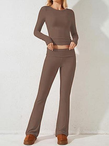 Pants Set- Women's Sporty Solid Set - Long Sleeve Tee & Wide-Waist Pants- Brown- Pekosa Women Fashion