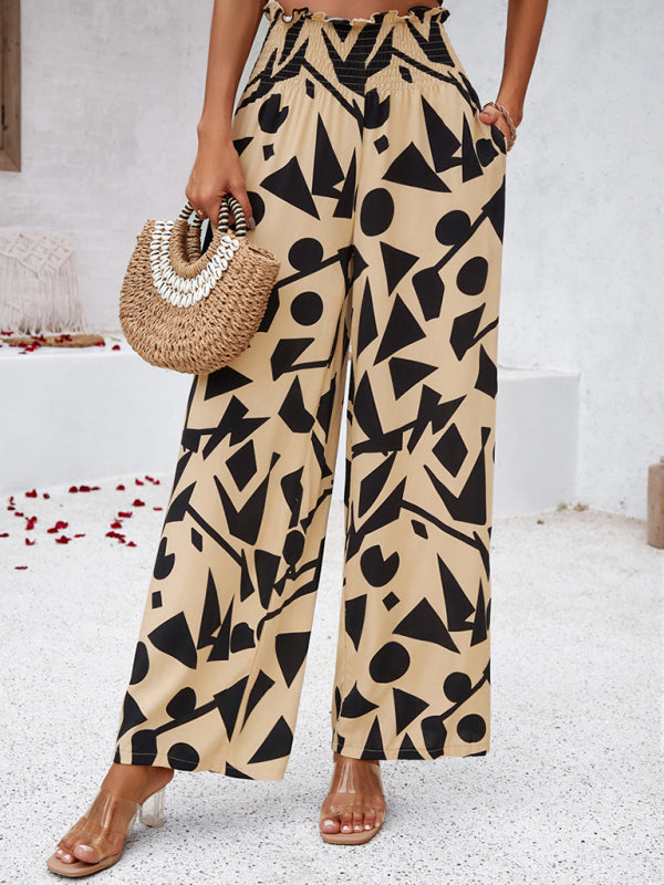 Pants- Smocked High Rise Tropical Trousers - Wide Leg Pants- Yellow- Pekosa Women Clothing