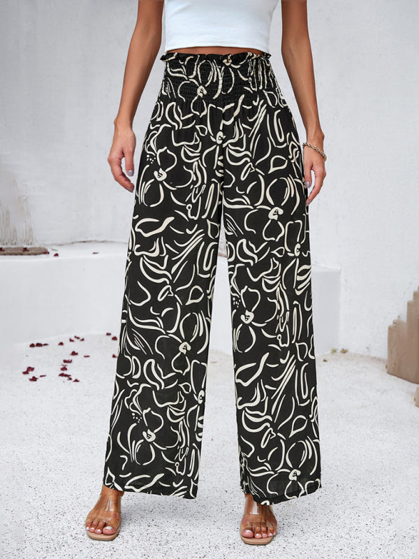 Pants- Smocked High Rise Tropical Trousers - Wide Leg Pants- - Pekosa Women Clothing