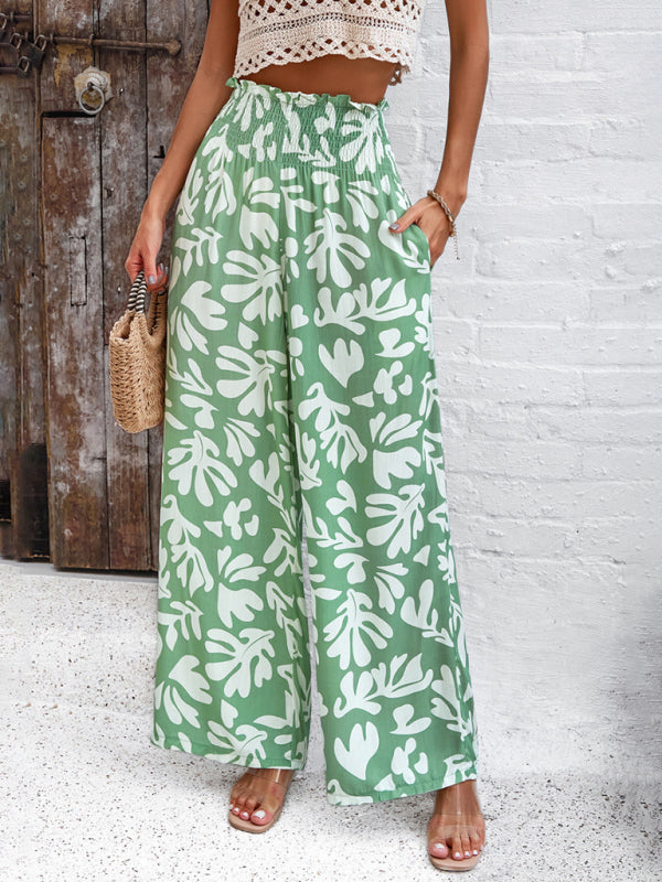 Pants- Smocked High Rise Tropical Trousers - Wide Leg Pants- - Pekosa Women Clothing